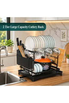2 Tier Dish Drying Rack for Countertop, Large Capacity Kitchen Rack with Drainboard, Utensil Holder & Cup Holder, Space Saving Dish Drainer Organizer for Plates, Bowls & Cups, Black