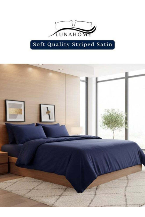 Satin Striped King Size 6 Piece Bedding Set Without Filling, Dark Blue