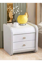 Multipurpose Use 2 Drawers Rounded Corner Nightstand Leather Wrapped Creative Bedside Table Rose Shape Handle Design Luxury Side Table with Display Shelf for Living Room Bedroom 43x40x48 cm (F