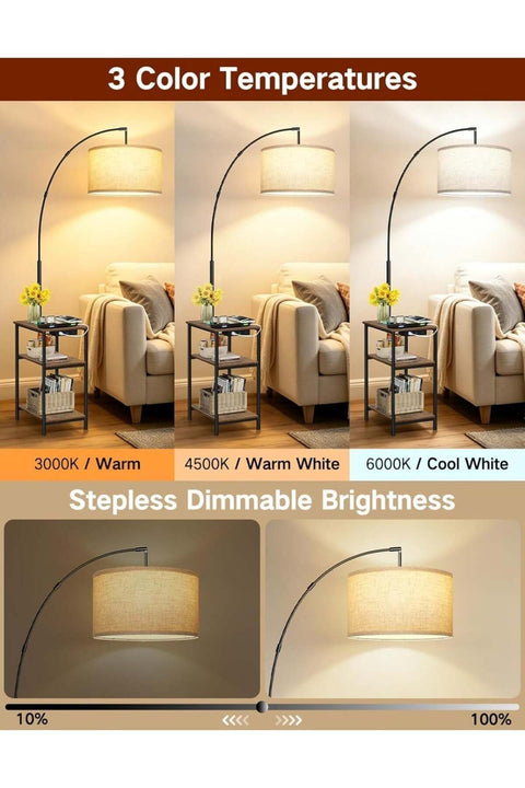 Arc Floor Lamp with Side Table & Charging, 193 cm Tall, Dimmable LED, 3 Color Modes, Remote & Timer, Living Room & Bedroom