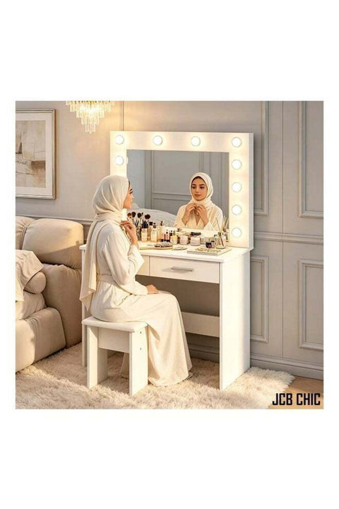 Vanity Desk with Lighted Mirror and Stool, White Dressing Desk with Storage Drawers & Shelve. Ideal Dressing Table for Bedroom, Dressing Room
