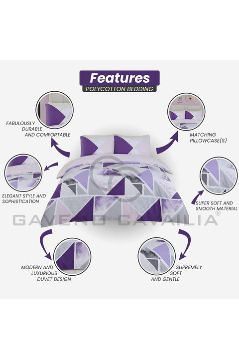 Metalic Marble Duvet Cover Sets, Reversible Triangle Bedding Double Bed Set, Washable Quilt Covers, Purple/Grey