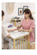 3 Tier Storage Shelves Manicure Table with White Faux Marble Top, Gold Metal Frame Nail Desk Workstation for Home Office Kitchen and Nail Tech Makeup Beauty Spa Salon Equipment