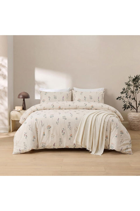 Herside Cream Duvet Cover Set Double Size 100% Washed Cotton Bedding Set Vintage Ditsy Floral Bedding Cover