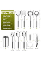 E-far Cooking Utensils Set, 10-Piece Stainless Steel Kitchen Utensils with Holder, Metal Heat Resistant