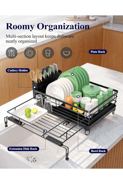 Dish Drying Rack,Retractable Large-Capacity Double-Tier Drying Rack,Rust-Resistant Metal Dish Storage Rack,Includes a Cutlery Tray and Cup Holder,Easy to Install,Ideal as a Kitchen Countertop