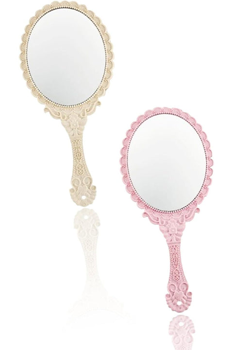 Vintage Handheld Mirrors - 2 Pieces Portable Embossed Flower Mirror with Handle for Face Makeup, Travel Use (Pink, Cream)