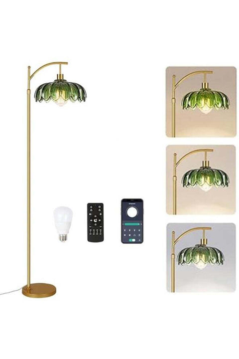 Gold Arc Floor Lamp with Green Glass Flower Shade, Dimmable, Height Adjustable, Vintage Boho Style for Living Room or Bedroom