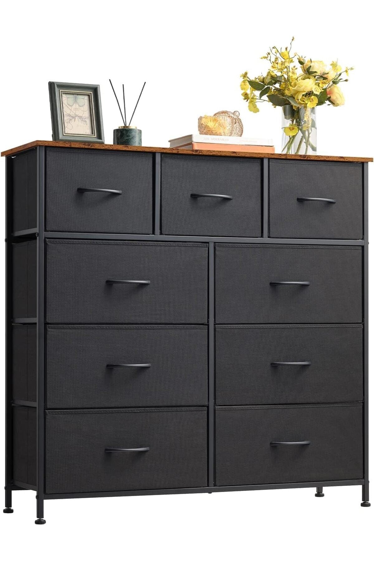 SKY-TOUCH Storage Cabinet: Bedroom Dresser with 9 Drawers Wide Storage Chest with Removable Fabric Bins Storage Organizer Unit for Living Room Entryway Hallway Nursery Kids Room Black