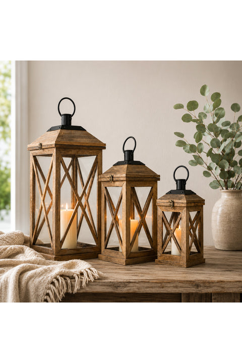 Marketplace Wooden Lanterns, Set of 3 - Natural