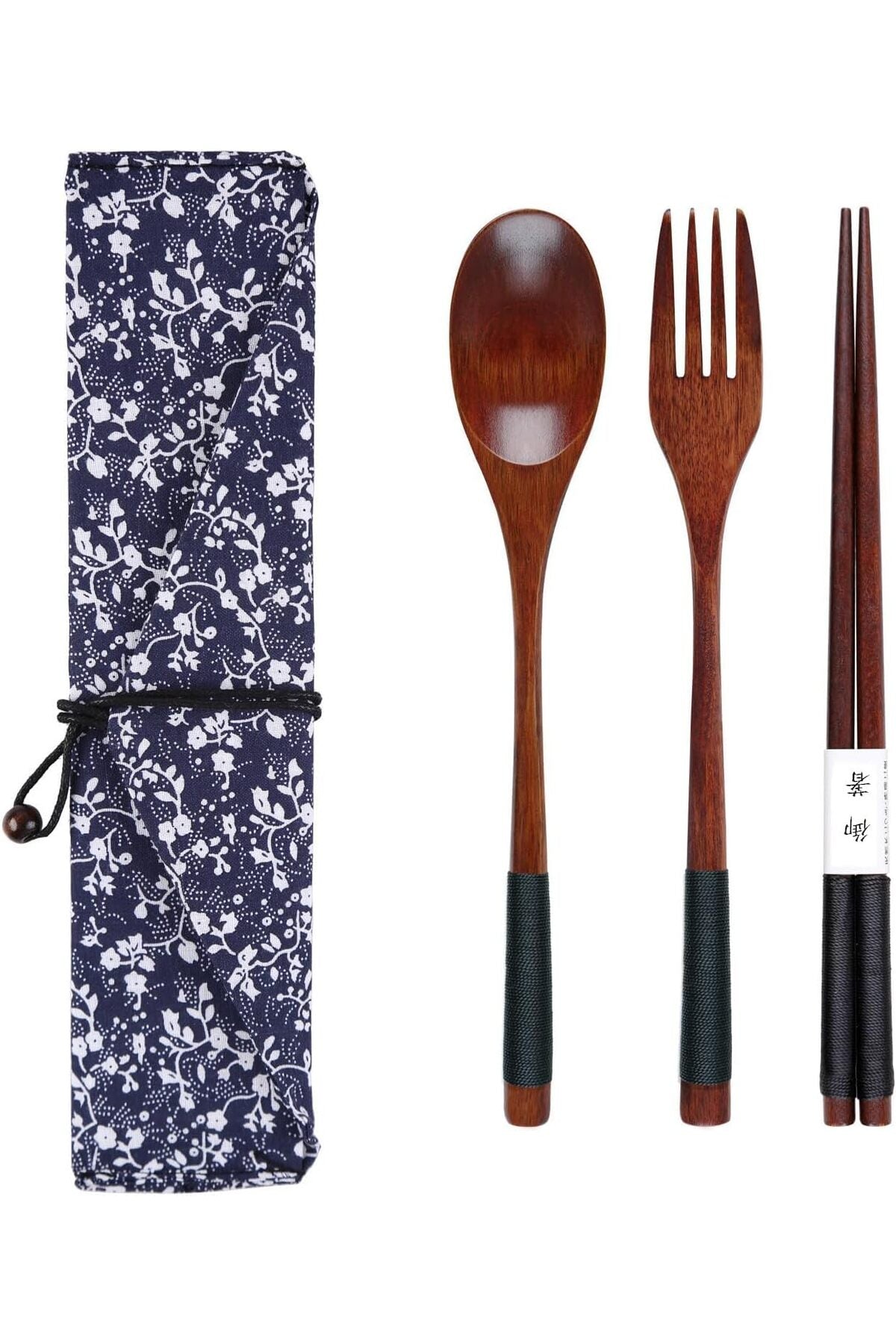 3Pcs Wooden Spoon Fork Chopsticks Set Japanese Style Cutlery Wooden Cutlery Set with Storage Bag Sustainable Reusable Travel Cutlery Set for Camping Picnic Office or Home