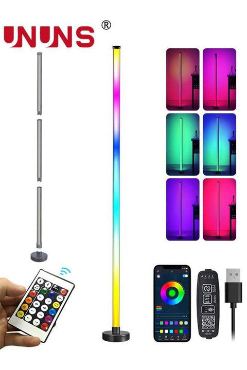 LED Corner Floor Lamp, RGB Color Changing Floor Lamp With Music Sync, Splice Type Standing Mood Light With Remote And App Control, For Living Room Gaming Room Bedroom Black 120x10 cm