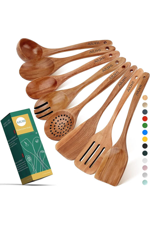 AIUHI Wooden Spoons for Cooking, Nonstick Kitchen Utensil Set, Non Scratch Natural Teak Wood (8 Pack)