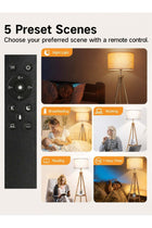 Solid Wooden Tripod Floor Lamp, Bulb Included, Remote Control, Dimmable, Timer, Storage Shelf
