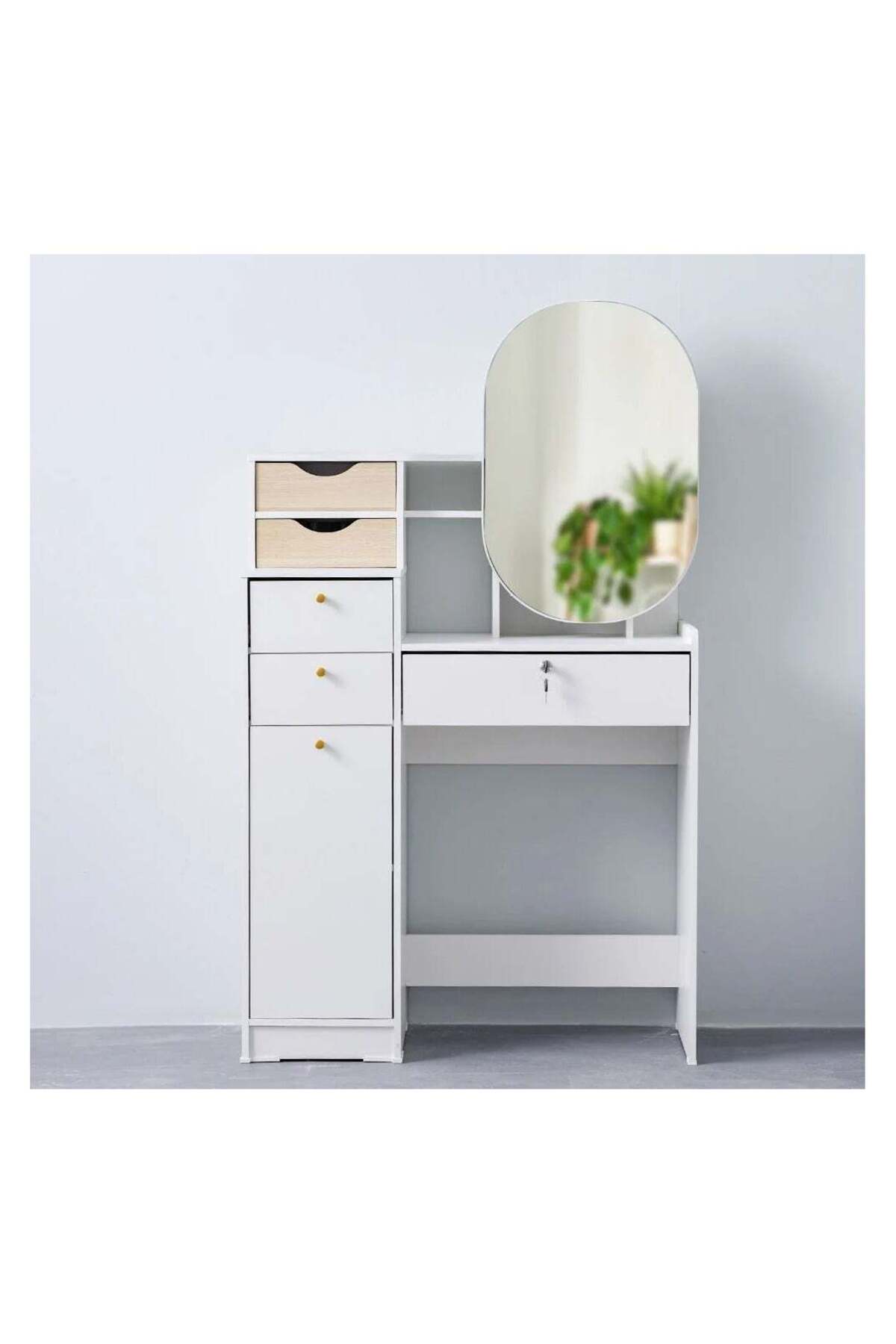 Barbados Dressing Table With Sliding Mirror | Durable Vanity Table | Dressing Makeup Desk With Storage | Modern Design Bedroom Furniture L82.4xW34.2xH136.8cm -White / Oak