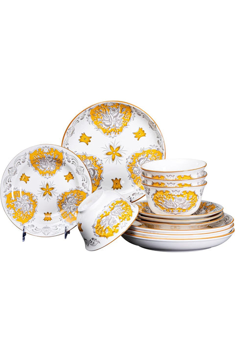 12-Piece Gold and White Floral Pattern Ceramic Dinnerware Set - Microwave & Dishwasher Safe
