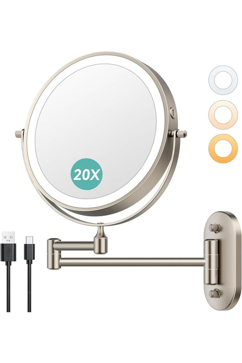 8'' Wall Mounted Lighted Makeup Mirror, 1X/20X, Nickel