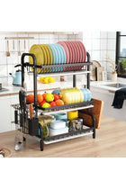 Multi-Functional Kitchen Drying Rack Stand, Large Capacity 3-Level Dish Organizer with Removable Drip Trays, Durable Metal Construction and Side Storage Accessories