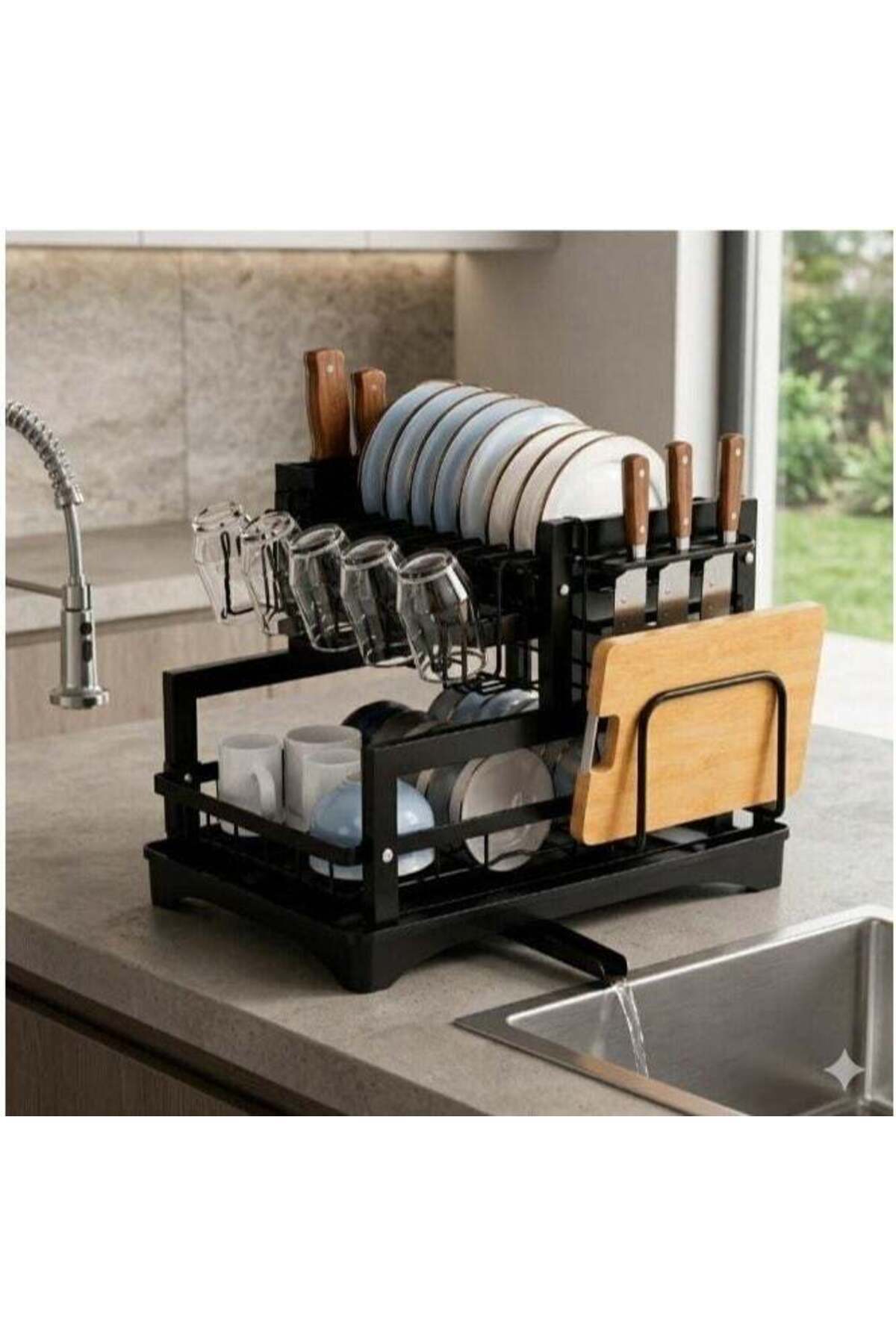 2 Tiers Dish Drying Stand With Rotatable Drainage System Black,Stainless Steel Kitchen Dish Drying stand,Detachable Capacity Dish Drainer Organizer with Drain Board, Utensils Holder,Space Savi