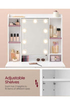 Dressing Table with LED Lights, 9 Bulbs, 3 Light Colours, Adjustable Brightness, Vanity Desk with Mirror, Adjustable Shelves, 2 Drawers, Makeup Desk, Modern White