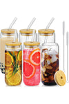 6 PCS 20 Oz Drinking Glasses with Bamboo Lids and Glass Straw, Glass Cups Beer Ice Coffee Glasses