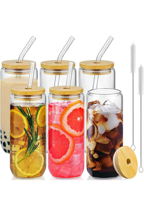 6 PCS 20 Oz Drinking Glasses with Bamboo Lids and Glass Straw, Glass Cups Beer Ice Coffee Glasses