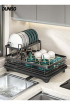 Dish Drying Rack with Drainer, 2 Tier Stainless Steel Kitchen Organizers, Double Layer Adjustable Set Kitchen Counter, Glass Holder (Black)