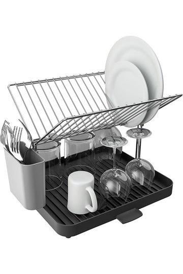 2 Tier Stainless Steel Dish Drying Rack, Extra Large Self-Draining Dish Rack with Utensil Holder, Expandable Kitchen Counter Organiser, Black