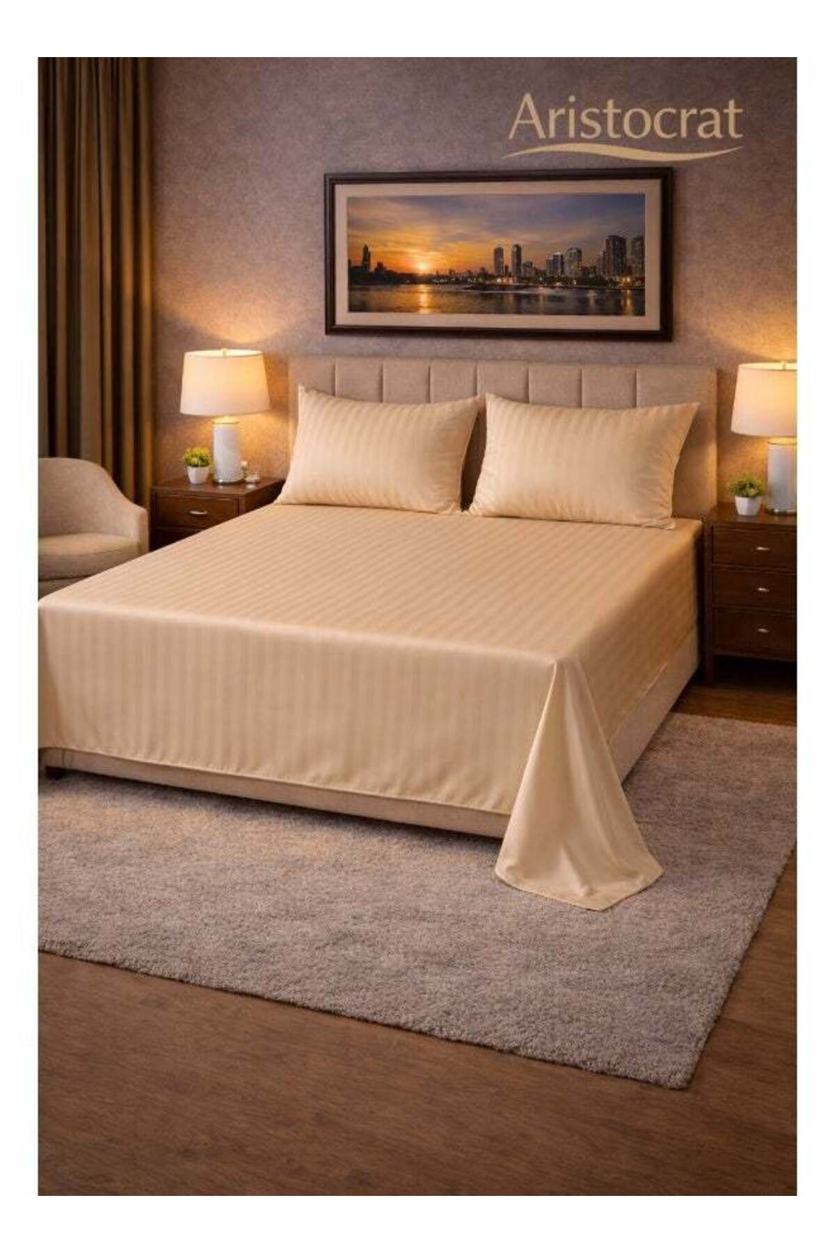 3‑Piece Striped Microfiber Flat Bed Sheet Set Super King 240x260cm, Beige