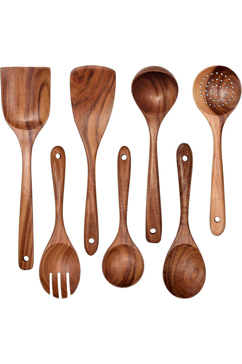 N/N Wooden Non-Stick Kitchen Pan Toolset 7 Pieces Set, 100% Natural Teak Kitchen Utensils Spatula