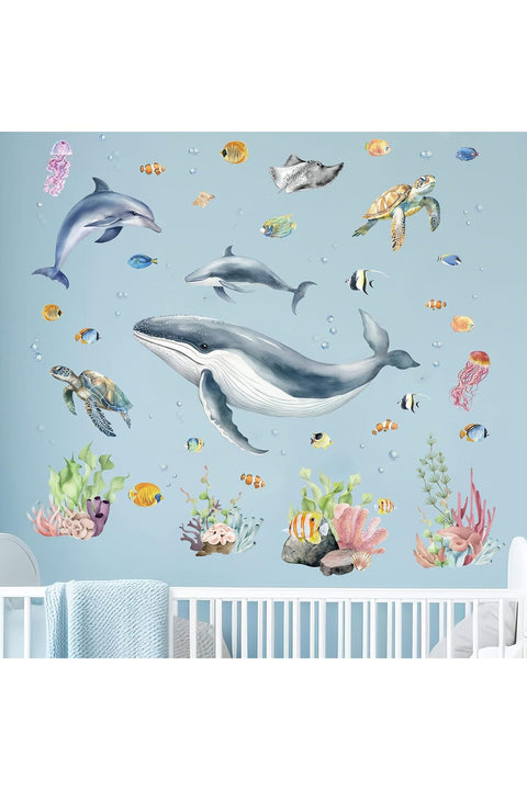 Under The Sea Wall Decals - Marine Theme Shark Whale Fish Seaweed Grass Ocean Wall Stickers - Bathroom Baby Nursery Kids Bedroom Daycare Wall Decor