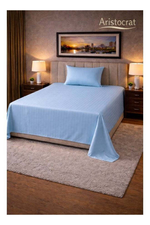 2‑Piece Striped Microfiber Flat Bed Sheet Set Single 160x220cm – Soft Breathable Flat Sheet with 1 Pillowcase 50x70cm, Sky Blue