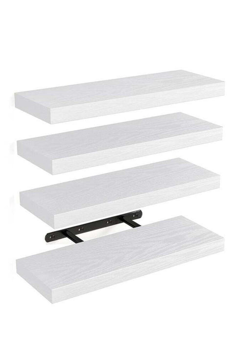 CozyNest Set of 4 White Rustic Floating Wall Shelves with Metal Brackets, Wood Wall-Mounted Storage for Bathroom, Bedroom, Kitchen, or Living Room Decor