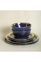 Stone Lain Porcelain 16 Piece Dinnerware Set, Service for 4, Blue and Golden Rim, Dark Blue