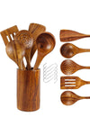 Wooden Kitchen Utensils Set, 6pcs Natural Teak Wooden Spoons with Holder and Spoon Rest For Non-stick Pan