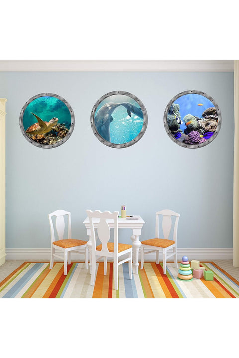 LiStarUs Under The Sea Nature Scenery Ocean Animals World Sea Turtles Dolphins Coral 3D Wall Decals Peel and Stick Vinyl Stickers, 3 Pieces