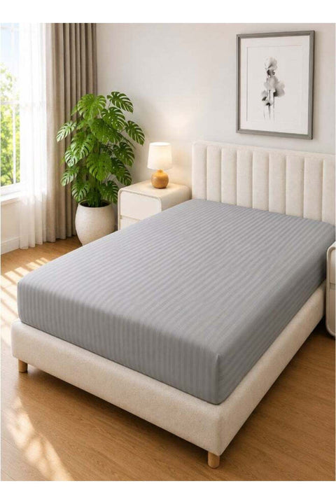1-Piece Microfiber Fitted Sheet Striped Color Light Grey, Design Soft Fabric Deep Pocket Elastic Edge Bed Linen