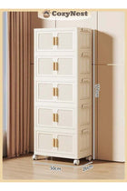 CozyNest 5-Tier Foldable Plastic Storage Cabinet with Flip Doors and Wheels, 50cm Wide Stackable Collapsible Organizer Bins for Clothes, Toys & Office Supplies