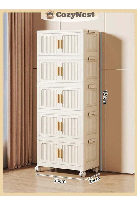 CozyNest 5-Tier Foldable Plastic Storage Cabinet with Flip Doors and Wheels, 50cm Wide Stackable Collapsible Organizer Bins for Clothes, Toys & Office Supplies