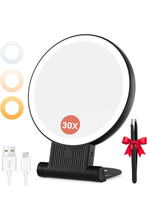 LED 1X/30X Magnifying Makeup Mirror, 3-Color, Rechargeable, Black | Foldable travel design, 360° rotation, 2000 mAh battery, includes tweezers for eyebrow and facial hair grooming
