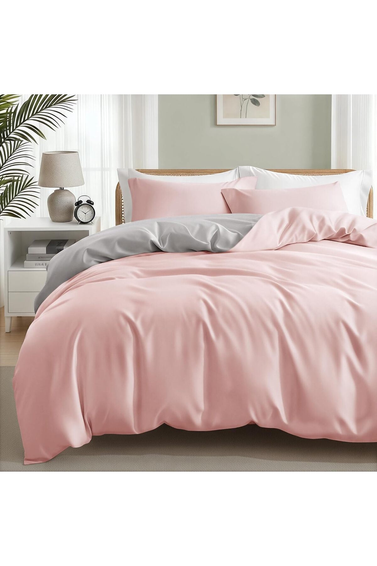 Queen Size Duvet Cover Set 3 Pieces Reversible Bedding Set, Pink/Light Grey
