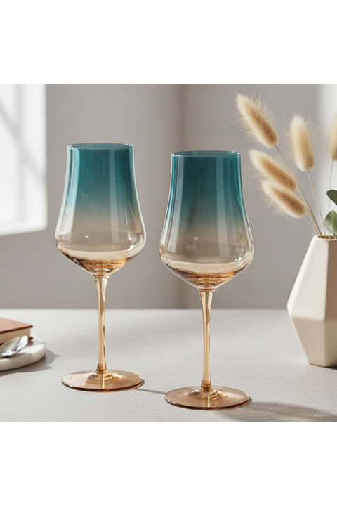 2-Piece Wine Glass 480mL, Handmade Mouth Blown White Wine Glasses Elegant Gradient 2 ToneTeal Color Glass