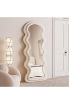 Full Length Mirror 60 * 160cm, Irregular Wavy Mirror, Wave Arched Floor Wall Standing Hanging or Leaning Against for Bedroom, Flannel Wrapped Wooden Frame Mirror-White