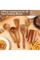 Wooden Kitchen Utensils Set, 6pcs Natural Teak Wooden Spoons with Holder and Spoon Rest For Non-stick Pan