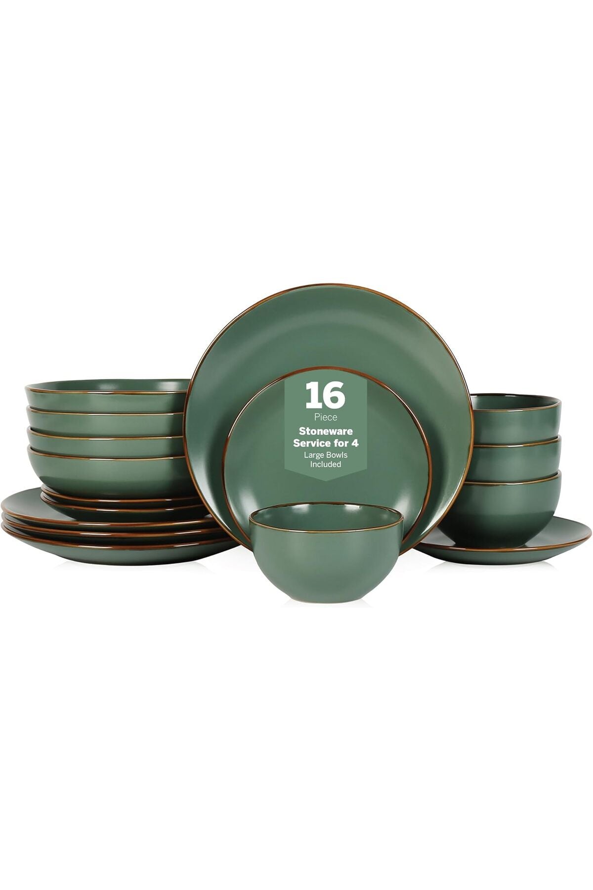 Stone Lain Brasa Modern Stoneware 16 Piece Dinnerware Sets, Plates and Bowls Sets, Dish Set for 4, Green