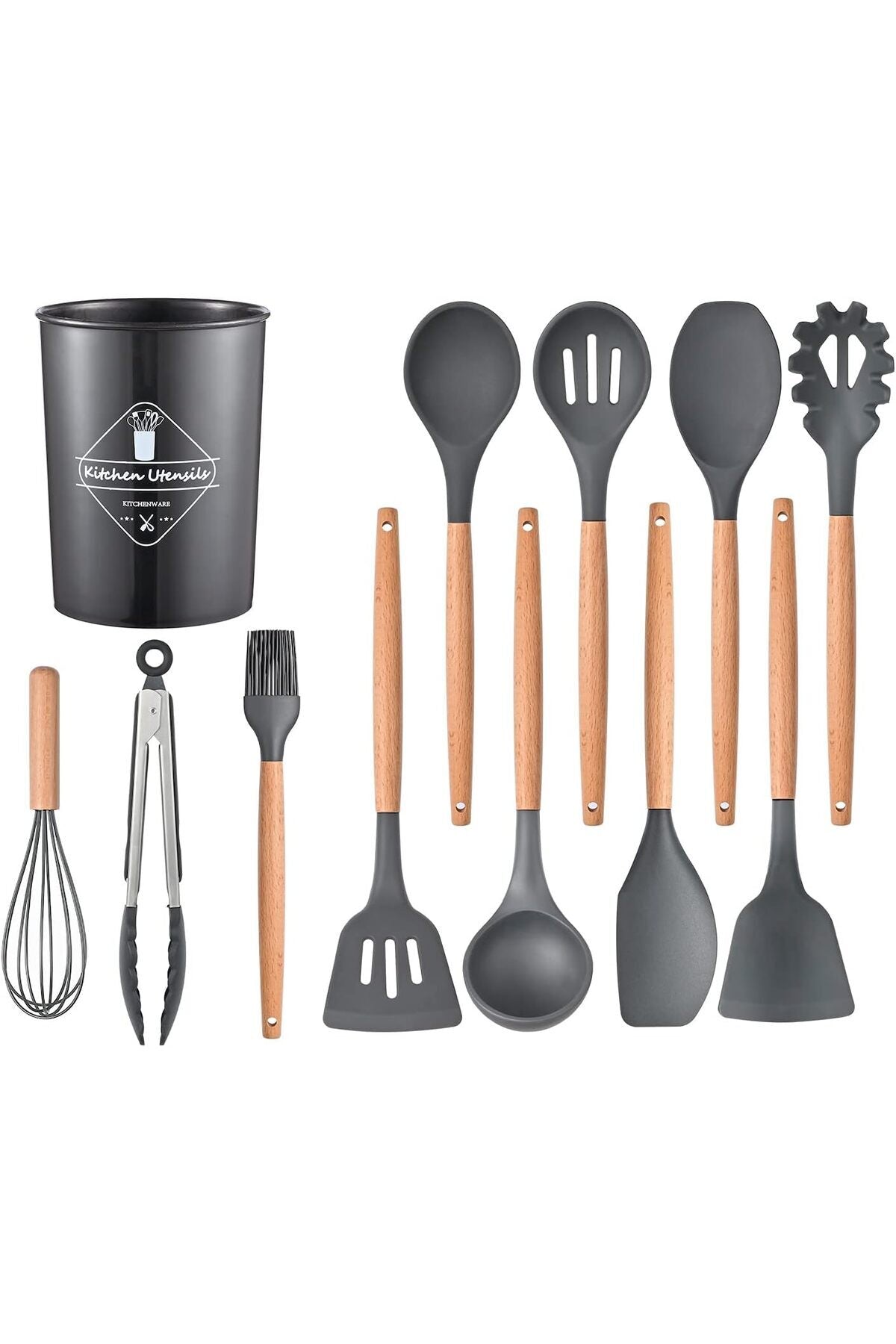 AWH ICVKRJ 12 Pcs Silicone Cooking Utensils Kitchen Utensil Set - 446°F Heat Resistant, Wooden Handle Gray