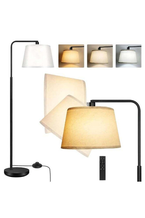 Modern Arc Floor Lamp with Remote & Foot Switch, 3 Color Temperature, 9W E27 LED, Matte Black Metal & Linen Shade