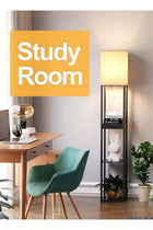 Floor Lamp with Shelves and Drawer, 3 CCT LED Bulb, Corner Display, White Linen Shade