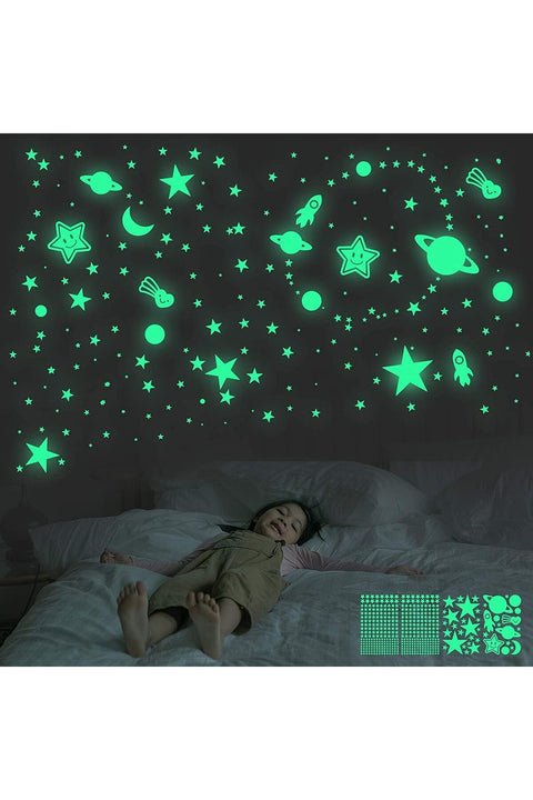 Glow in The Dark Stars Wall Stickers for Ceiling, 462 Pcs 3D Glowing Removable Self-Adhesive Wall Decals with Moon, Rocket and Planets for Girls Boys Kids DIY Bedding Room Bedroom Décor