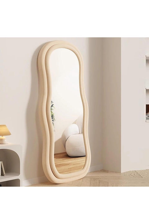 Full Length Mirror 60 * 160cm, Irregular Wavy Mirror, Wave Arched Floor Wall Standing Hanging or Leaning Against for Bedroom, Flannel Wrapped Wooden Frame Mirror-Beige